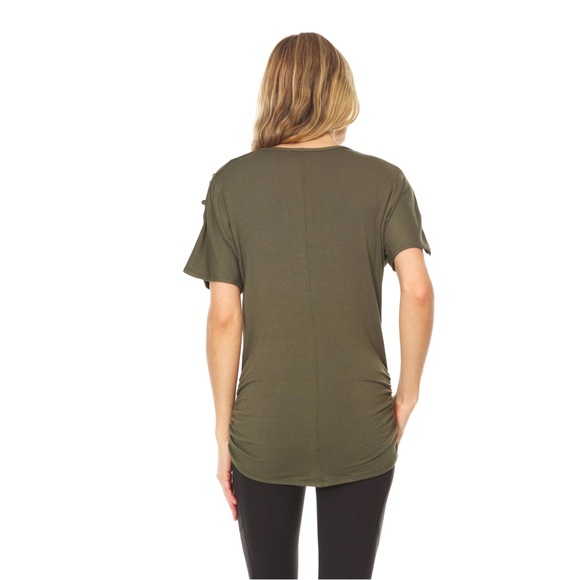 Cold Shoulder Asymmetrical Ruched Short Sleeve T-shirt multiple colors & sizes - Picture 11 of 11